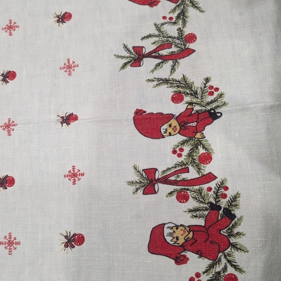 Vtg Pixies Elves XMAS 50 60s Tablecloth Rectangle Bent Knee Linen - Picture 3 of 11
